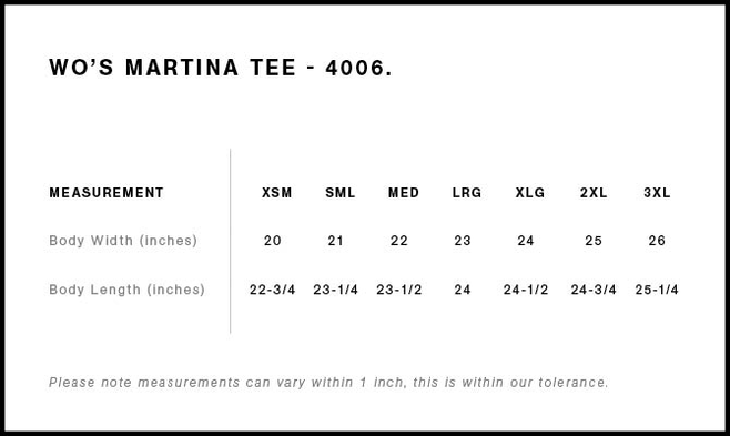 Size chart for a 4006 AS Colour Women's Martina Tee