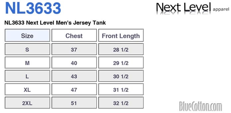 Size chart for a NL3633 Next Level Men's Jersey Tank