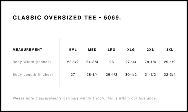 Size chart for a 5069 AS Colour Classic Oversized Tee