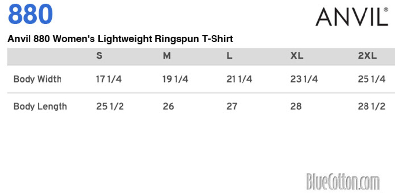 Size chart for a Gildan 880 Women's Lightweight Ringspun T-Shirt