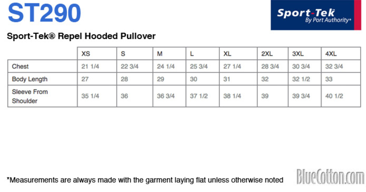 Size chart for a ST290 Sport-Tek Repel Hooded Pullover