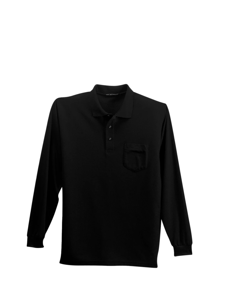 Image of a model wearing a K500LSP Port Authority Silk Touch LS Pocket Polo