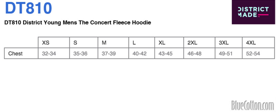 Size chart for a DT810 District Young Mens The Concert Fleece Hoodie