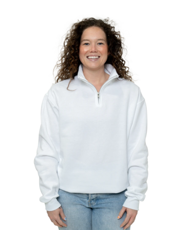Model wearing a 995M Jerzees Nublend Adult Quarter-Zip Cadet Collar Sweatshirt