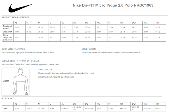 Size chart for a NKDC1963 Nike Dri-FIT Micro Pique 2.0 Polo
