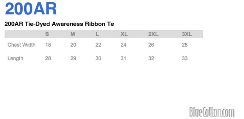 Size chart for a 200AR Tie-Dyed Awareness Ribbon Tee