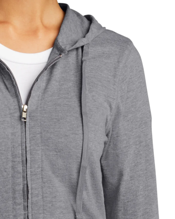 Closeup of a DT2100 District Juniors Jersey Full-Zip T-shirt Hoodie