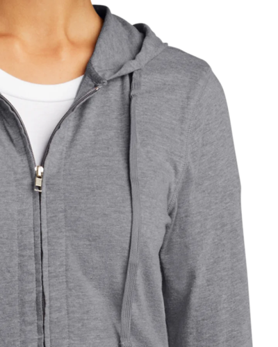 Closeup of a DT2100 District Juniors Jersey Full-Zip T-shirt Hoodie