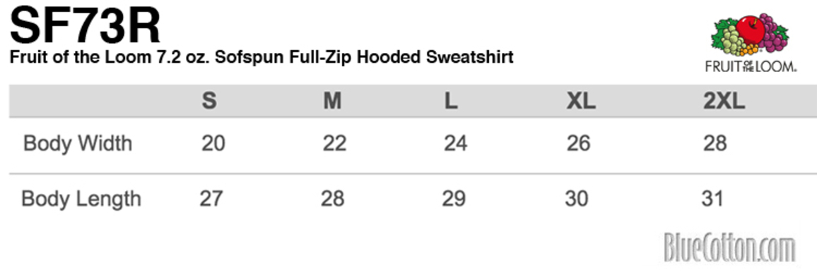 Size chart for a SF73R Fruit of the Loom 7.2 oz. Sofspun Full-Zip Hooded Sweatshirt