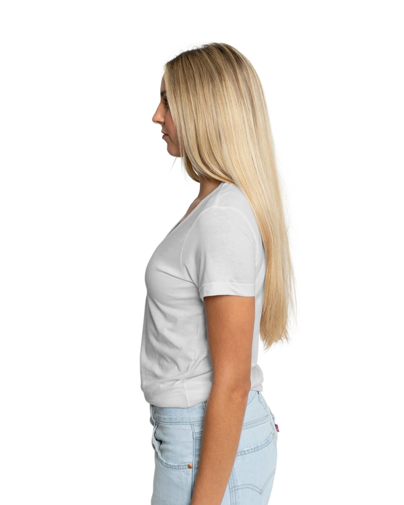 Image of a model wearing a 64V00L Gildan Softstyle® Women’s V-Neck T-Shirt