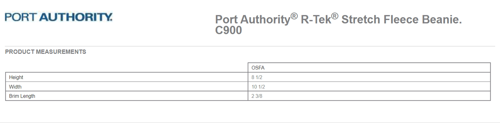 Size chart for a C900 Port Authority R-Tek Stretch Fleece Beanie