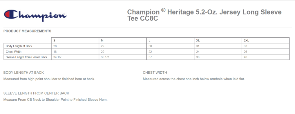 Size chart for a CC8C Champion Heritage 5.2-Oz. Jersey Long Sleeve Tee