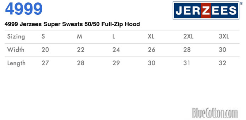 Size chart for a 4999 Jerzees Super Sweats 50/50 Full-Zip Hood