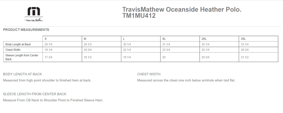 Size chart for a TM1MU412 TravisMathew Oceanside Heather Polo