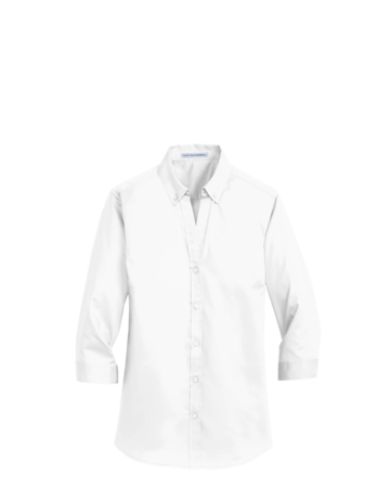 Model wearing a L665 Port Authority Ladies 3/4 Sleeve SuperPro Twill Shirt