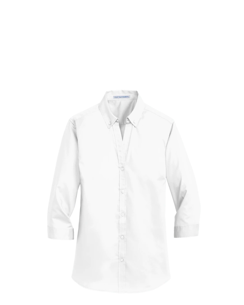 Image of a model wearing a L665 Port Authority Ladies 3/4 Sleeve SuperPro Twill Shirt
