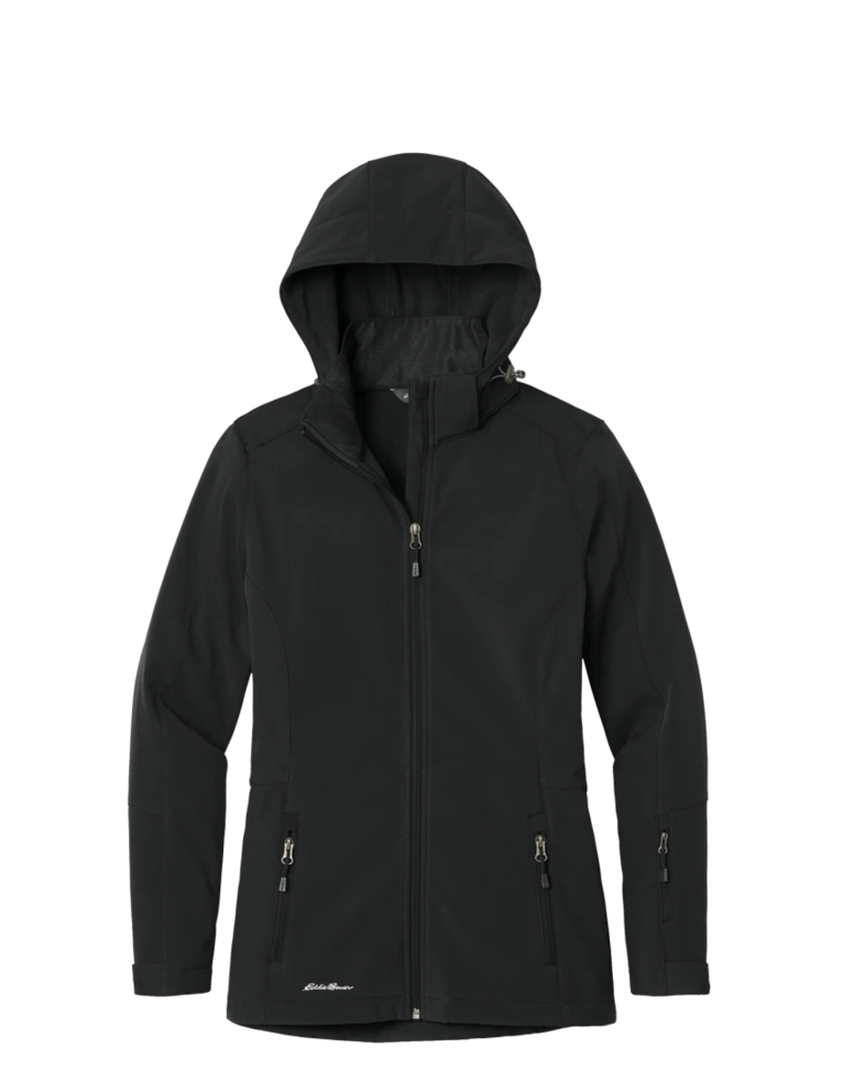 Image of a model wearing a EB537 Eddie Bauer Ladies Hooded Soft Shell Parka