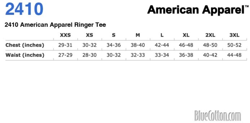 Size chart for a 2410 American Apparel Ringer Tee