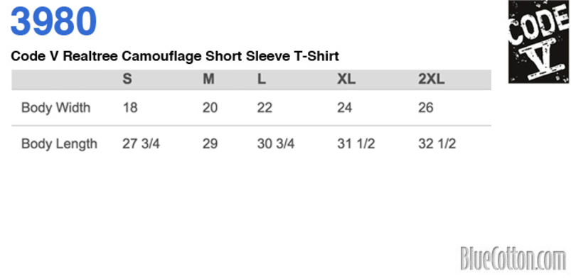 Size chart for a 3980 Code V Realtree Camouflage Short Sleeve T-Shirt
