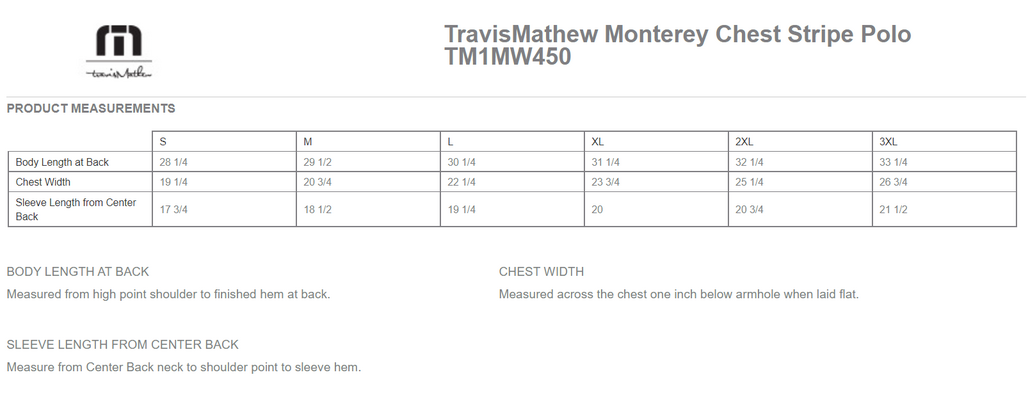 Size chart for a TM1MW450 TravisMathew Monterey Chest Stripe Polo