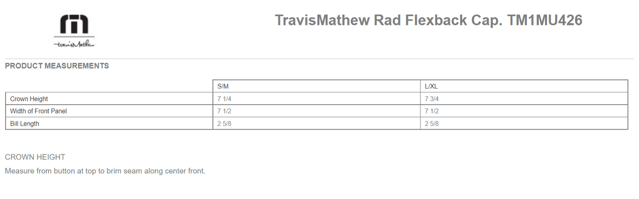 Size chart for a TM1MU426 TravisMathew Rad Flexback Cap