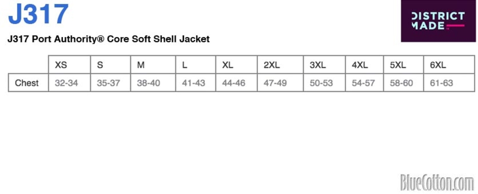 Size chart for a J317 Port Authority Core Soft Shell Jacket