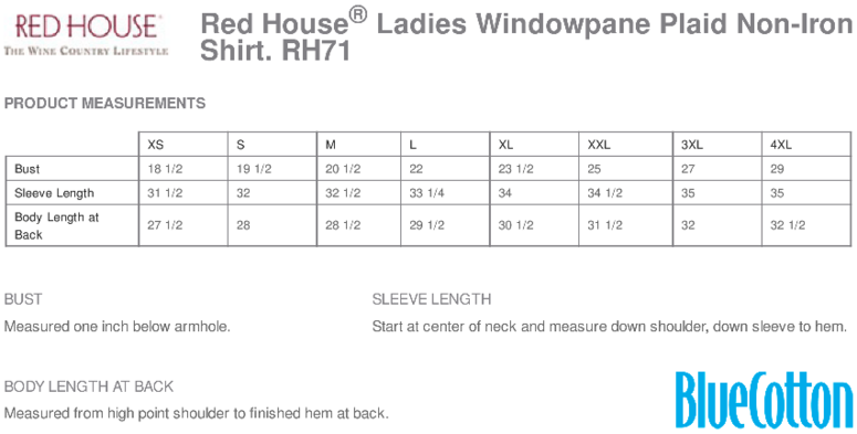 Size chart for a RH71 Red House Ladies Windowpane Plaid Non-Iron Shirt