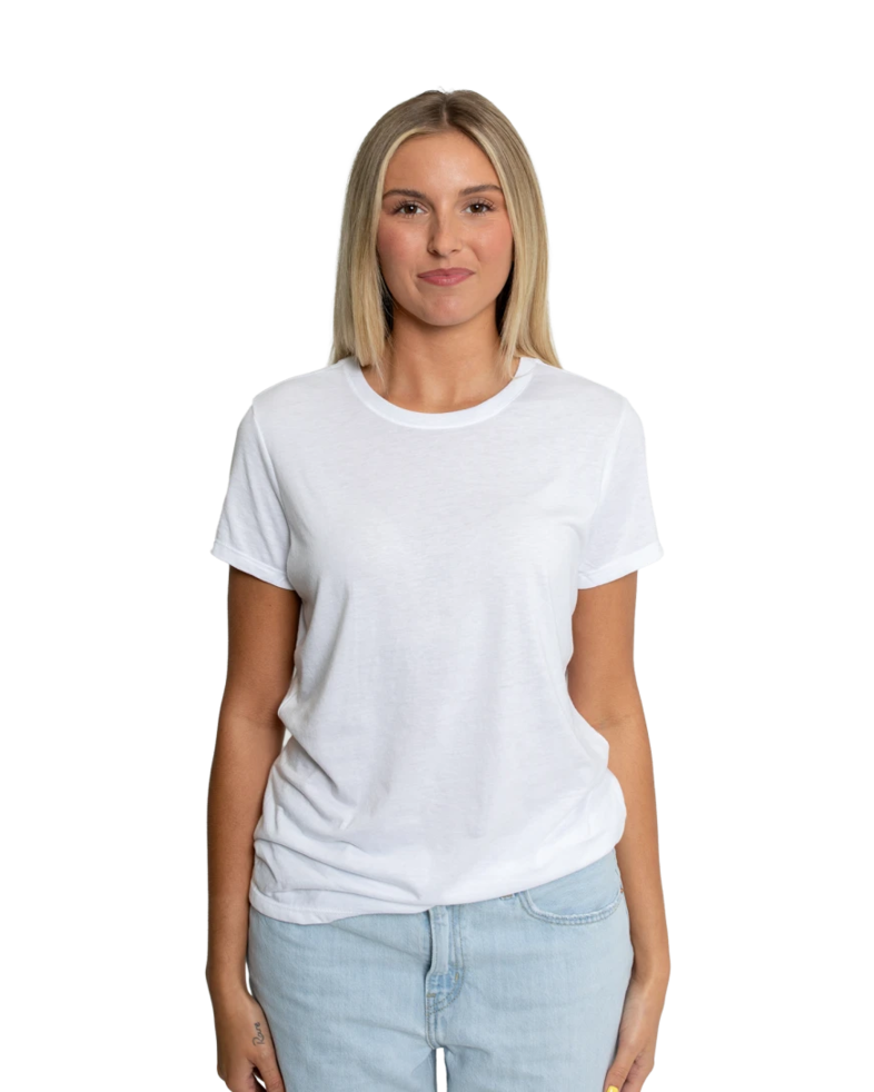 Image of a model wearing a DM130L District Ladies Perfect Tri-Blend Crew Tee