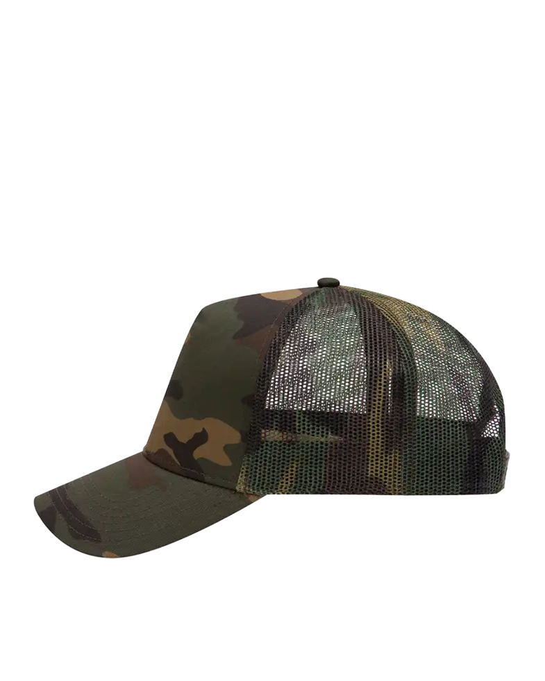 Image of a model wearing a 47-049 OTTO CAP Camouflage 5 Panel Mid Profile Mesh Back Trucker Hat