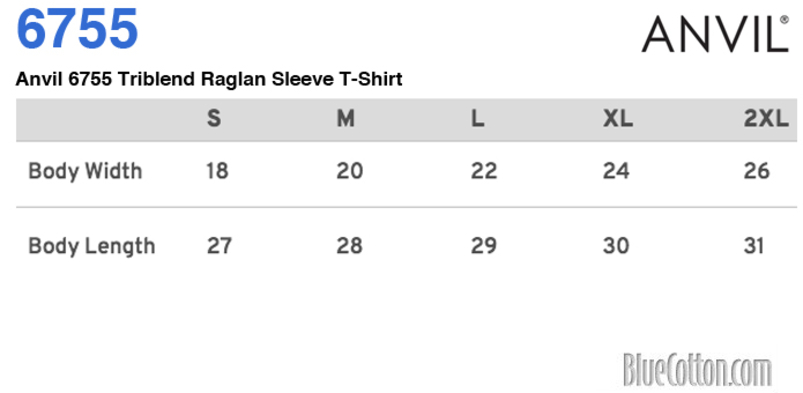 Size chart for a Anvil 6755 Triblend Raglan Sleeve T-Shirt
