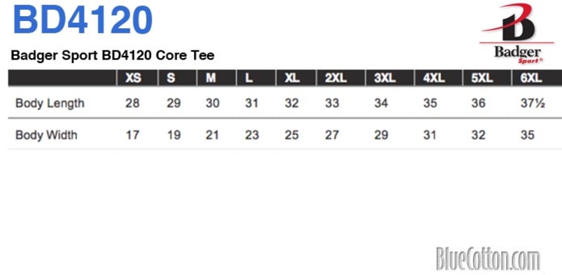 Size chart for a Badger Sport BD4120 Core Tee