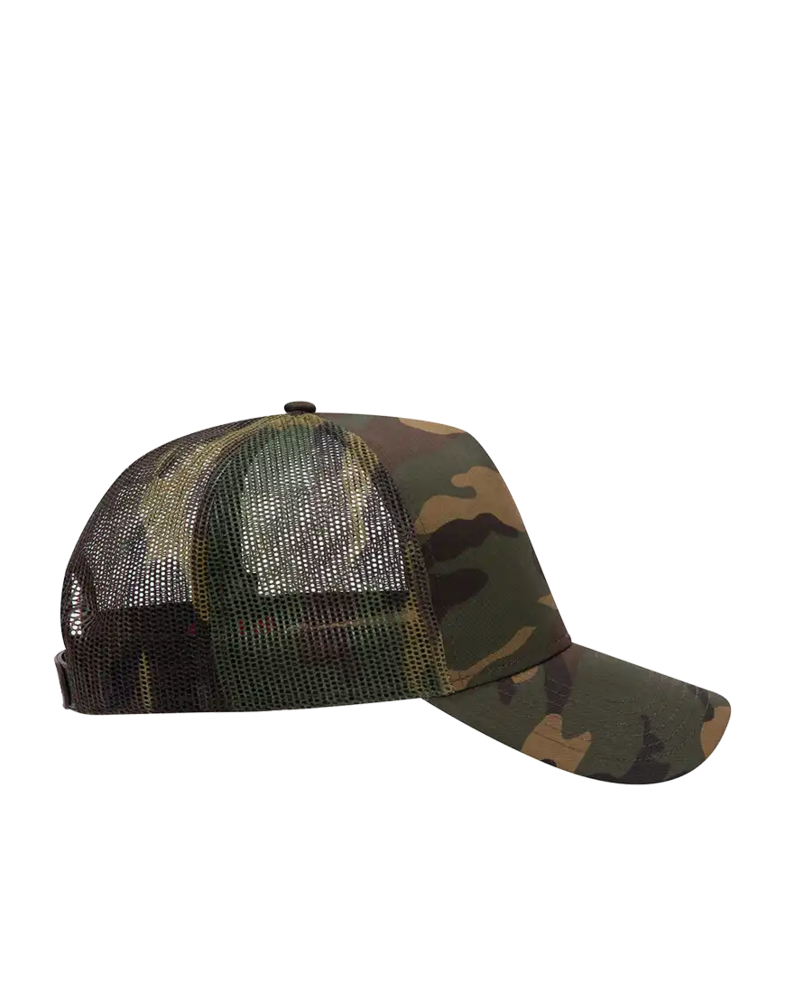 Image of a model wearing a 47-049 OTTO CAP Camouflage 5 Panel Mid Profile Mesh Back Trucker Hat