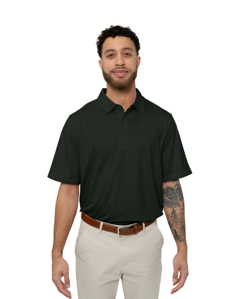 Image of a model wearing a MCK00144 Cutter & Buck Forge Pencil Stripe Stretch Mens Polo