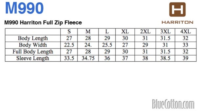 Size chart for a M990 Harriton Full Zip Fleece