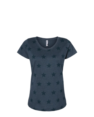 Model wearing a 3629 Code Five Women's Star Print Scoop Neck Tee