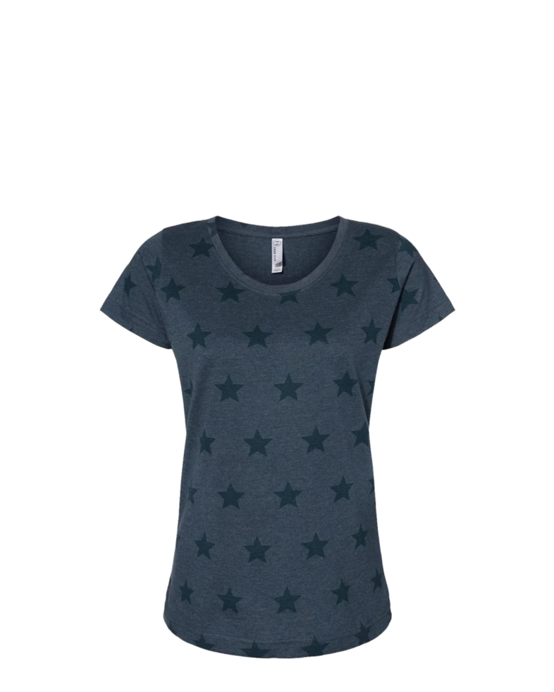 Image of a model wearing a 3629 Code Five Women's Star Print Scoop Neck Tee