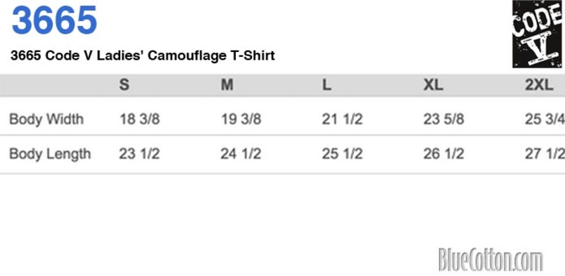 Size chart for a 3665 Code V Ladies' Camouflage T-Shirt