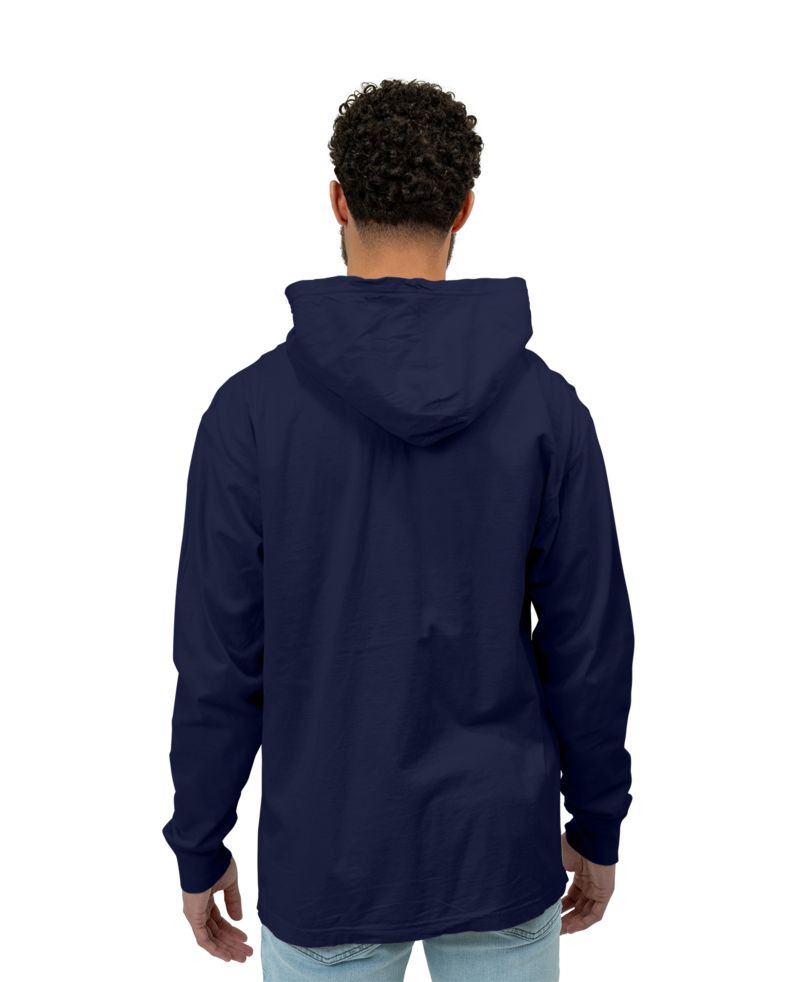 Image of a model wearing a GDH280 ComfortWash by Hanes Garment-Dyed Jersey Hooded Long Sleeve T-Shirt