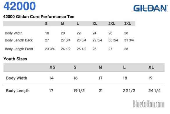 Size chart for a 42000 Gildan Core Performance Tee