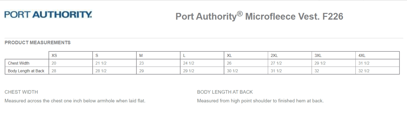 Size chart for a F226 Port Authority Microfleece Vest
