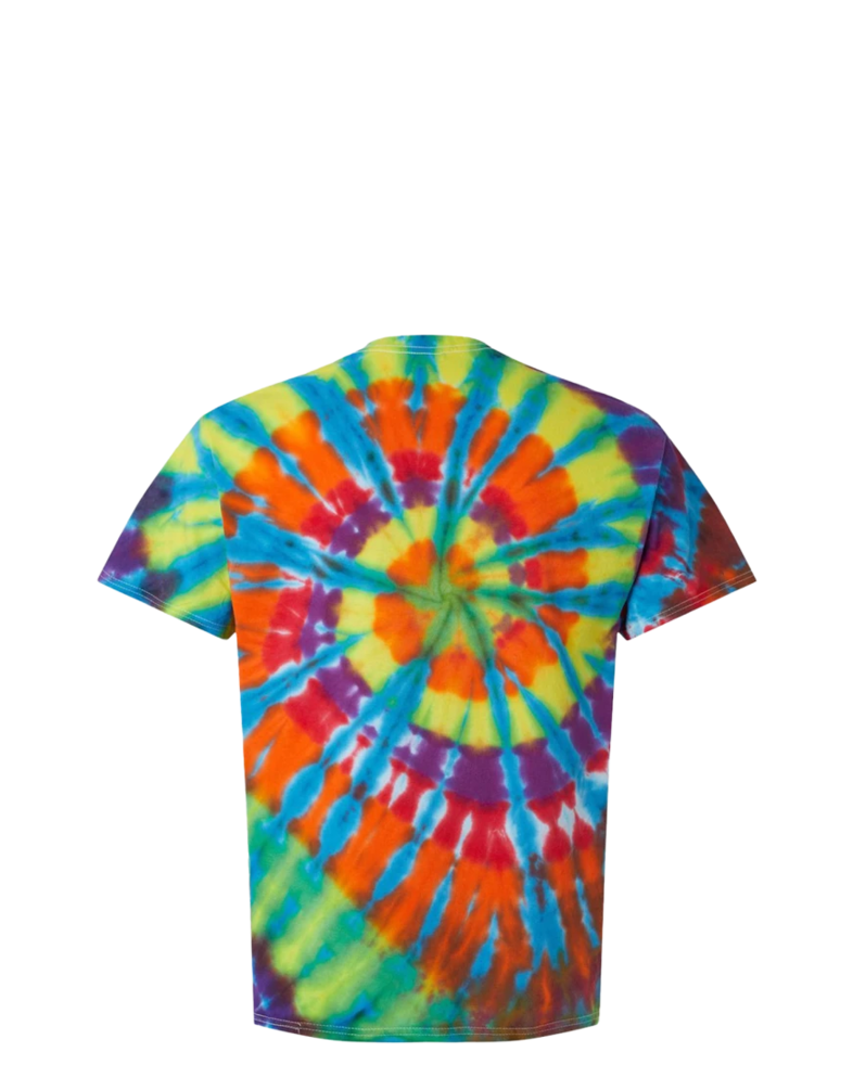 Image of a model wearing a 200TD Tie-Dyed Rainbow Cut-Spiral Tee