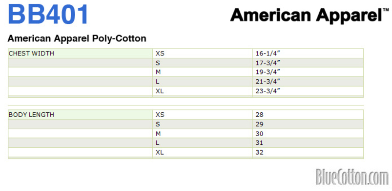 Size chart for a BB401 American Apparel Poly-Cotton