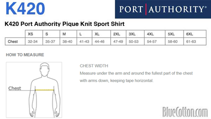 Size chart for a K420 Port Authority Pique Knit Sport Shirt