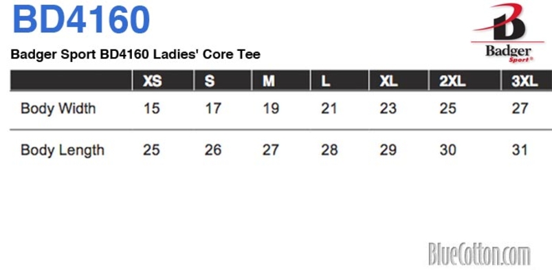Size chart for a Badger Sport BD4160 Ladies' Core Tee