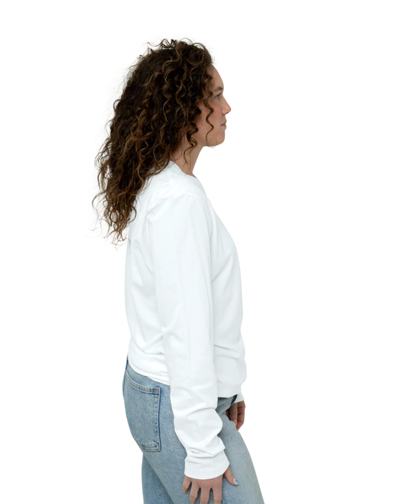 Image of a model wearing a NL3601 Next Level Premium Fitted Long Sleeve Crew Tee