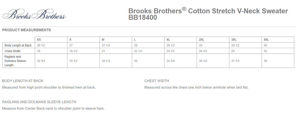 Size chart for a BB18400 Brooks Brothers® Cotton Stretch V-Neck Sweater