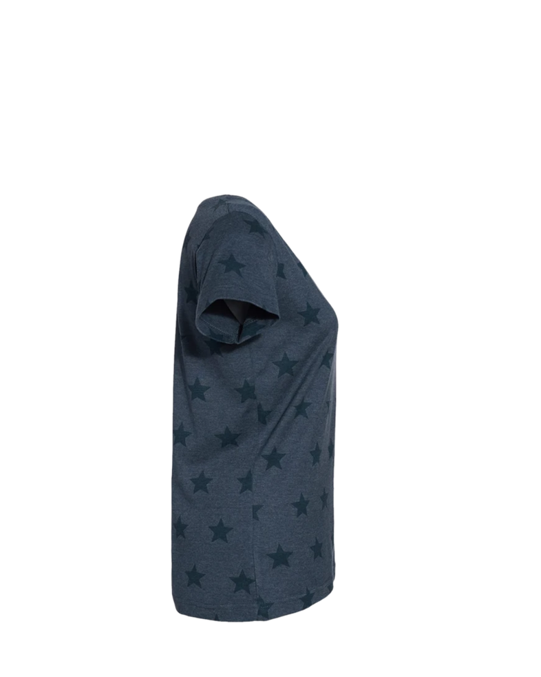 Image of a model wearing a 3629 Code Five Women's Star Print Scoop Neck Tee