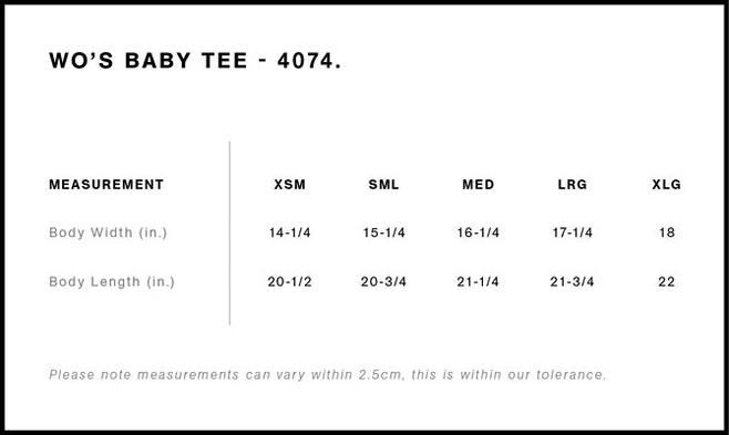 Size chart for a 4074 AS Colour Women's Organic Rib Baby Tee
