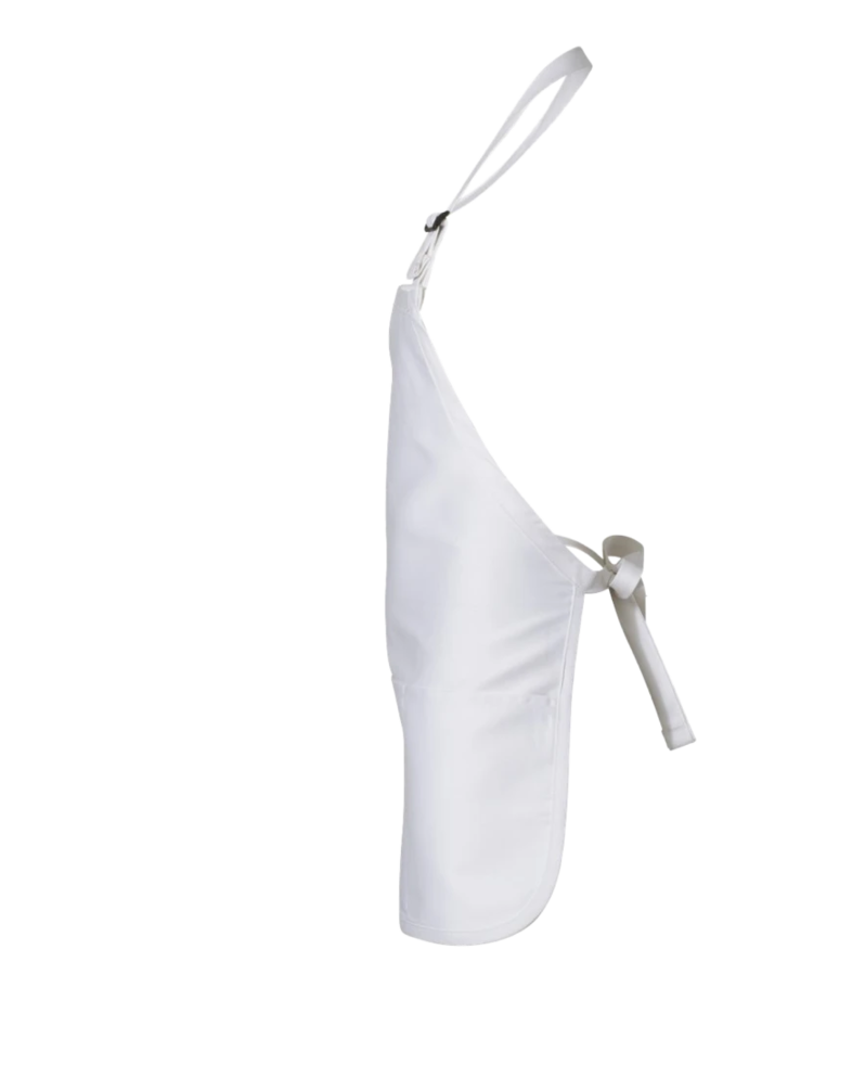 Image of a model wearing a Q4250 Q-Tees Medium-Length Apron with Pouch Pocket