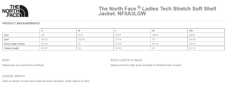 Size chart for a NF0A3LGW The North Face Ladies Tech Stretch Soft Shell Jacket